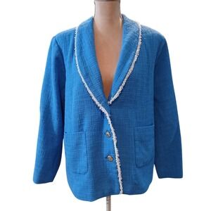 Susan Graver 18W Blue Tweed Blazer Jacket Fringed Trim Womens Plus Old Money